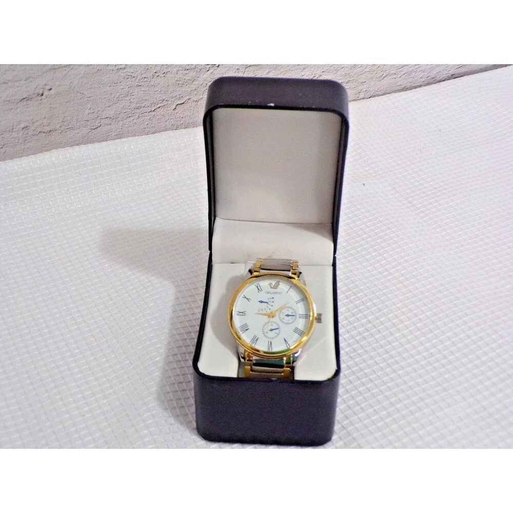 Omex Orlando Quartz Men's Wristwatch Silver & Gold Tone Dbl Folded Clasp Roman #